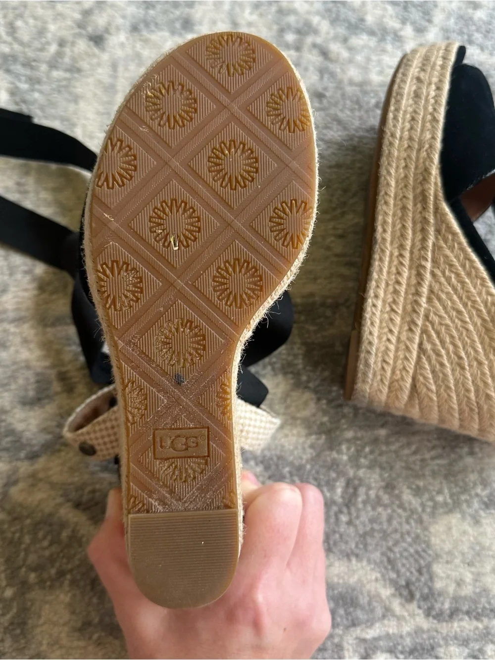 UGG Shiloh Black Suede Espadrille Wedge Sandals Ribbon Tie Wrap Womens Size 7